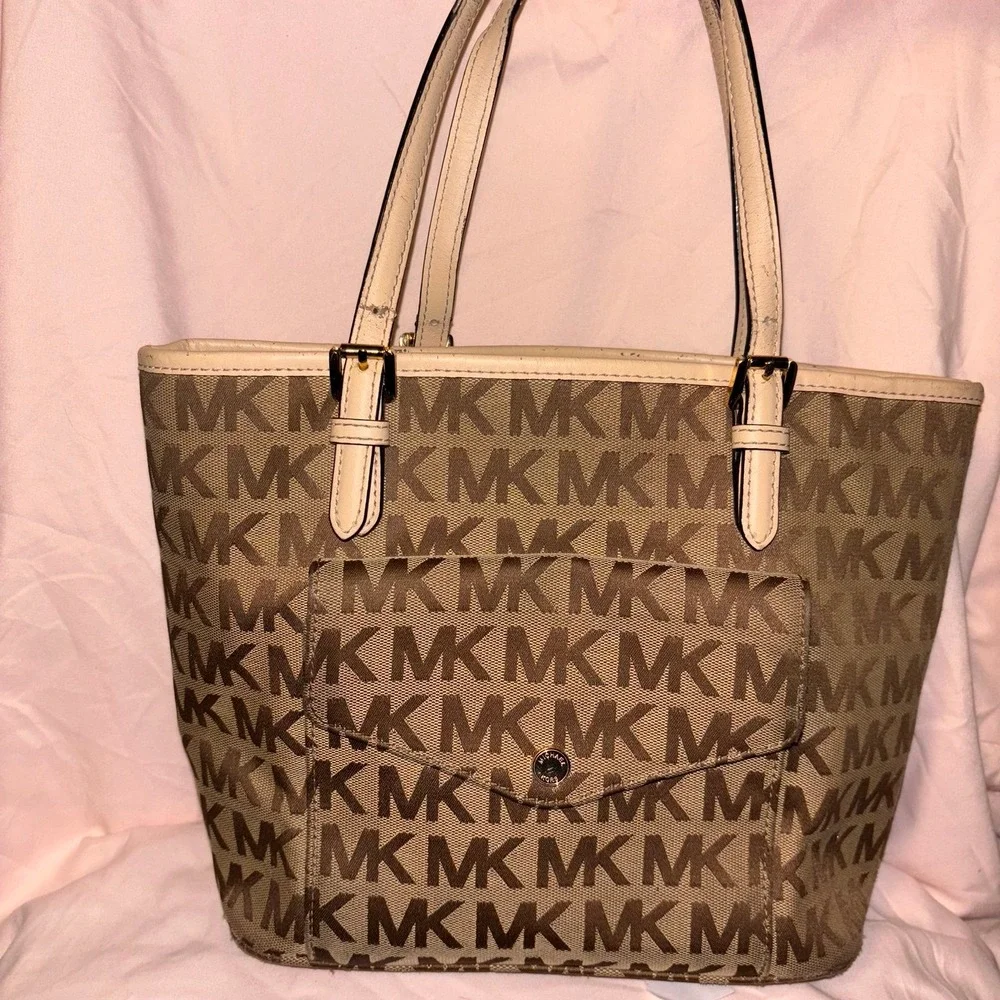 MICHAEL KORS Jet Set Logo, Large Tote Canvas Leather Bag Brown